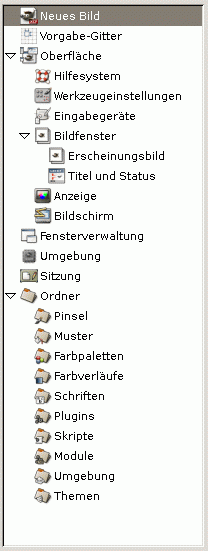 Die Liste der verschiedenen Einstellungsansichten